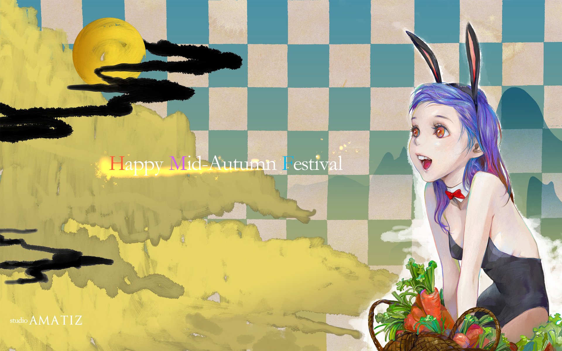 feliz festival del medio otoño amatizking zhongqijie festival de la cosecha china niña orejas ojos rojos conejo luna zanahoria vacaciones