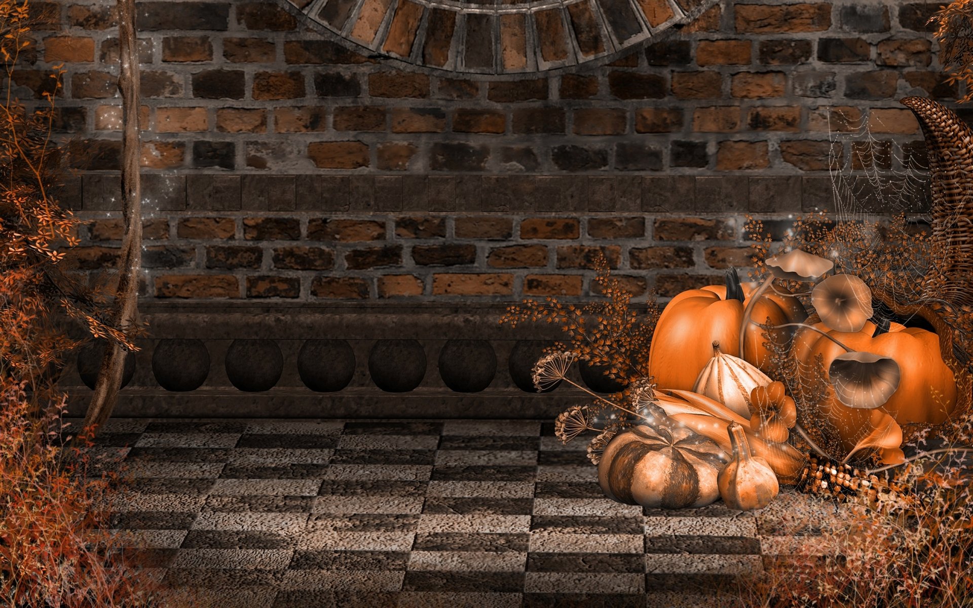 halloween all saints day all hallows eve october 31 vacation autumn pumpkins jack-o-lanterns wall brick cobweb toadstools all saints day all saints eve holiday october 31 brick