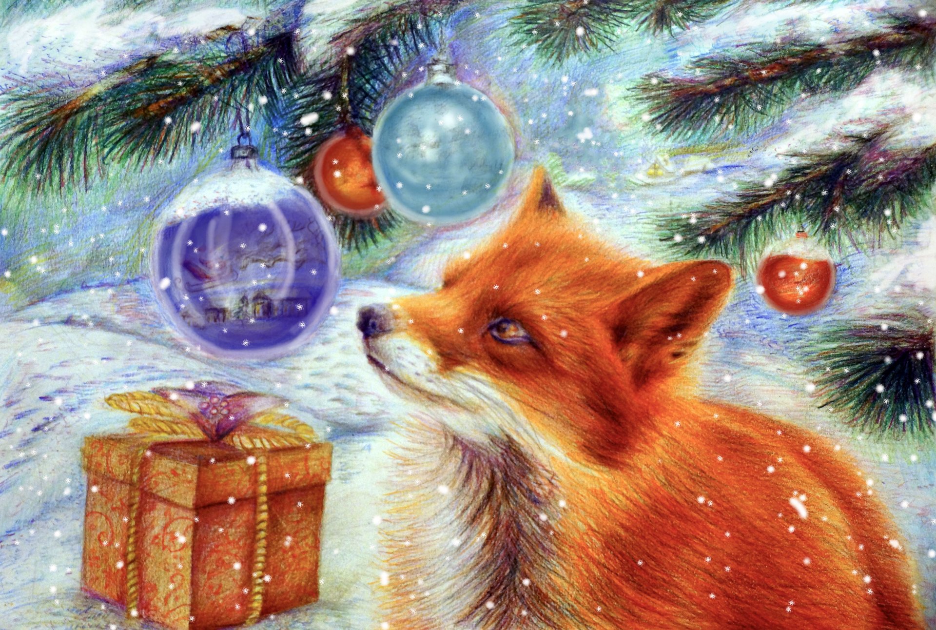 new year fox christmas tree snow present toys art holiday winter