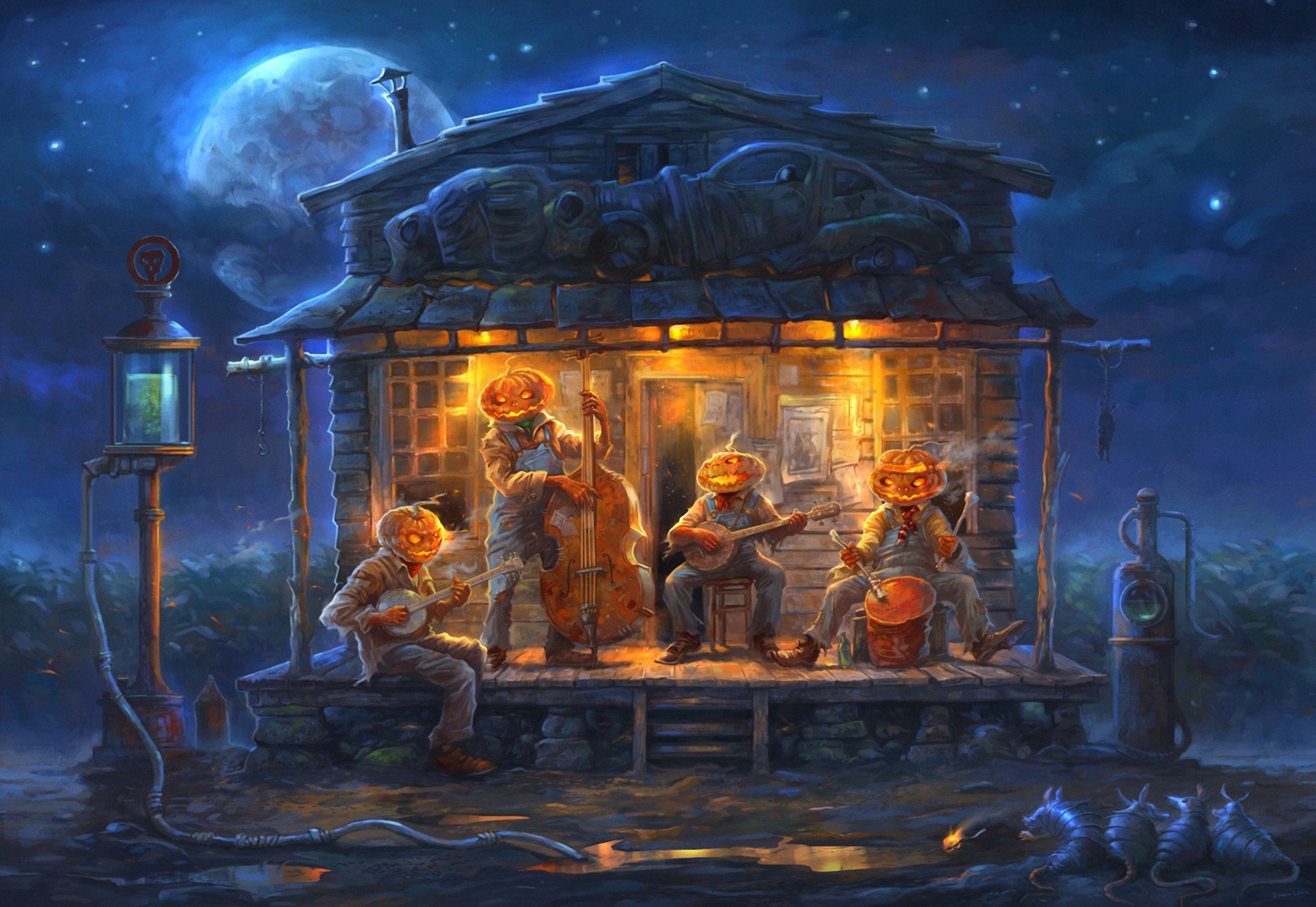 arte halloween zucche notte orchestra casa luna ratti
