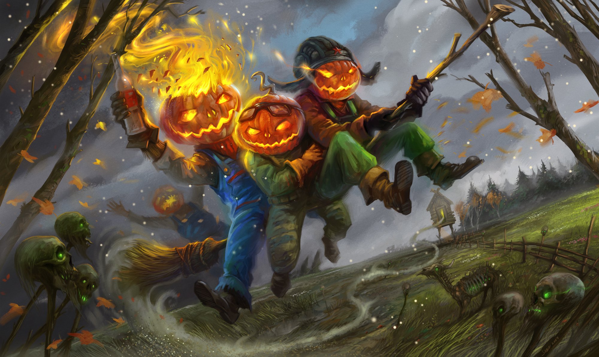 halloween sztuka wakacje dynie miotła ogień czaszki