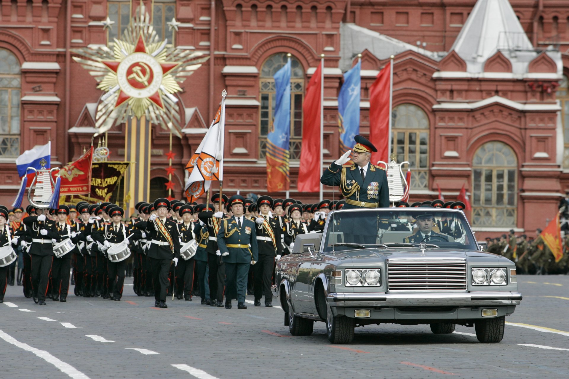 victory parade may 9 red square victory day sacred holiday suvorov cadets officers soldiers troops banner flags march march military personnel moscow russia commander-in-chief general army vladimir bakin car rides hooray