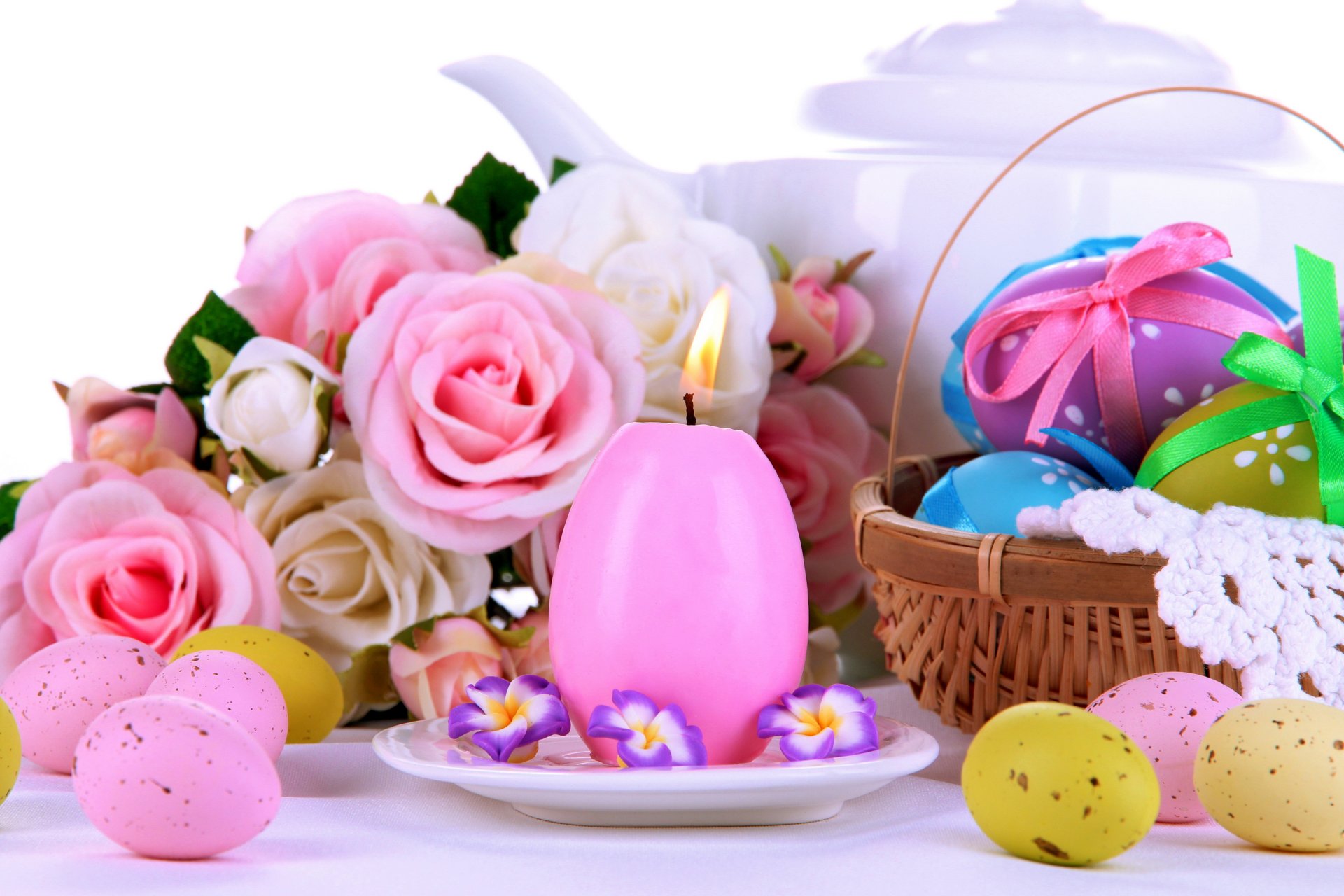 pascua huevos rosas flores velas rosa porción