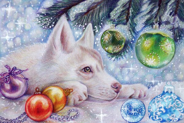The dog lies under the Christmas tree waiting for the new year