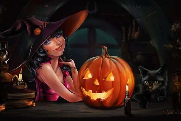 Imagen con un pequeño gato bruja y una calabaza