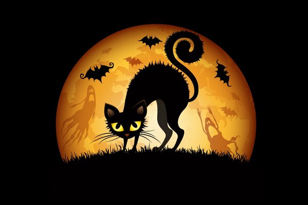 Halloween. Un gato negro con ojos amarillos se para en la hierba contra la Luna. En la Luna fantasmas, murciélagos