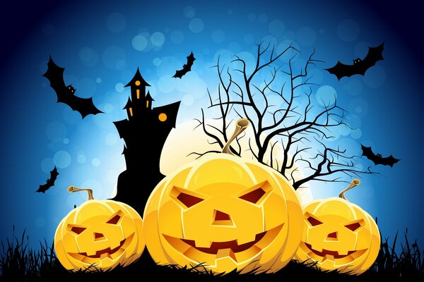 Halloween tre zucche e un castello con i pipistrelli