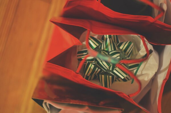 A gift with a bow in a red bag