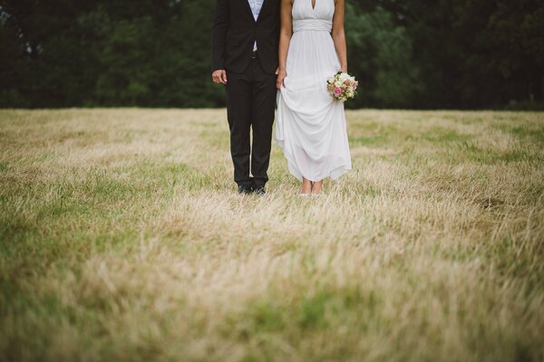 Wedding photo in the field. The bride and groom