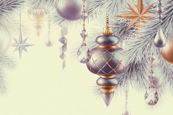 Décorations de Noël sur une branche enneigée