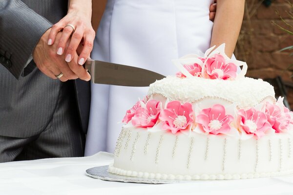 Gli sposi tagliano la torta nuziale