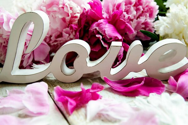 Figurine of love on the background of pink peonies on the table