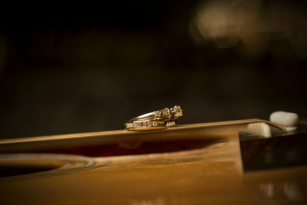 Fotografía macro de los anillos de boda de la novia y el novio
