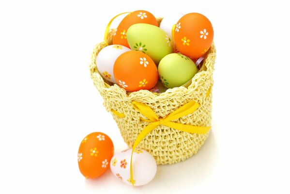 Uova di Pasqua in un cesto giallo