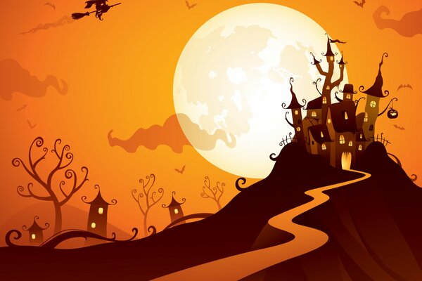 Una bruja dibujada a mano vuela a su castillo en medio de la Luna