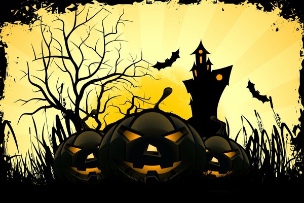 Paysage sombre avec des citrouilles et un château pour Halloween