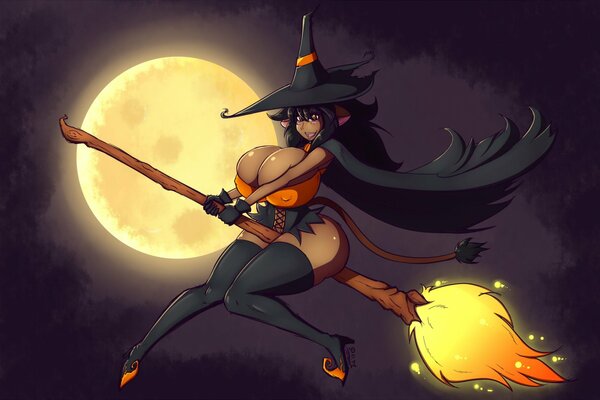 A witch on a broom on Halloween