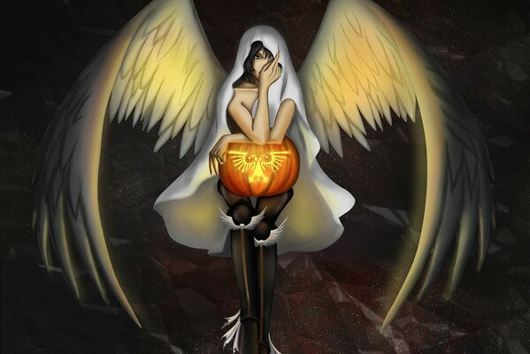 Arte con una chica ángel en un vestido blanco con calabaza de Halloween