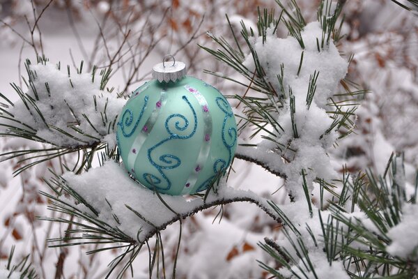 New Year s ball in the snow on the Christmas tree