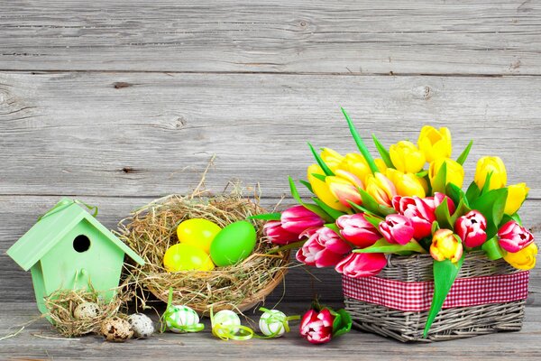 Easter eggs in flowers