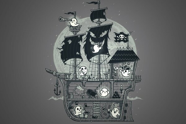 Illustrazione con una nave pirata di fantasmi su uno sfondo di luna piena