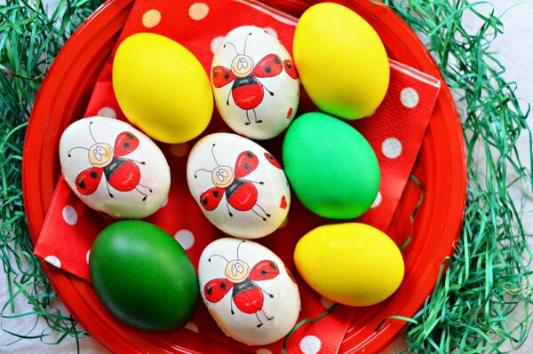 Homemade creativity for the holiday, Easter eggs lying on a plate