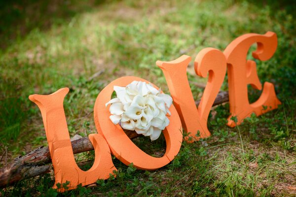Orange letters on green grass