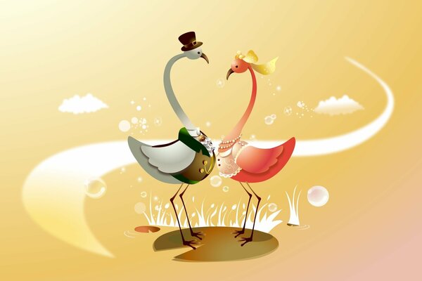 Wedding art for the bride and groom, cute festively dressed birds