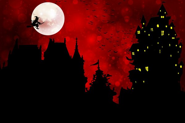 Château de la sorcière. Pleine lune. Ciel rouge