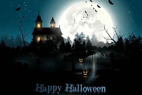 Halloween, fête de l automne, ville de nuit, chauves-souris sur fond de lune brillante, maison avec la lumière allumée dans les fenêtres