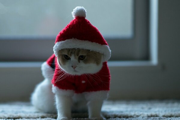 Eine verärgerte Katze in einer Weihnachtsmütze