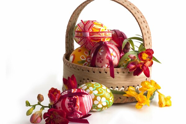 Panier décoré avec des oeufs de Pâques peints