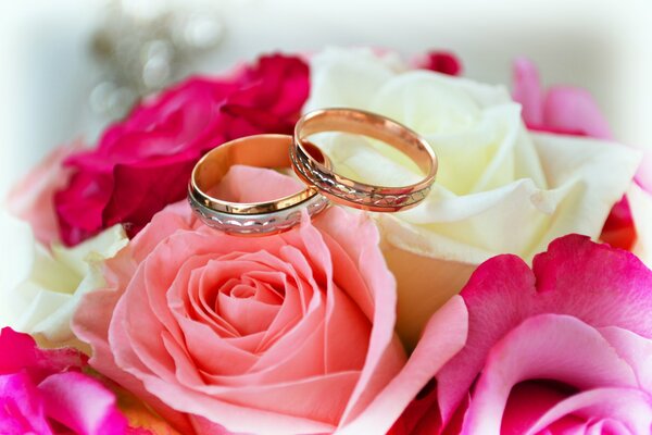 Dos anillos de boda se encuentran en las rosas