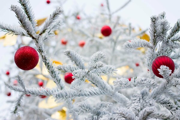 Bolas rojas de Navidad en un árbol de Navidad blanco como la nieve