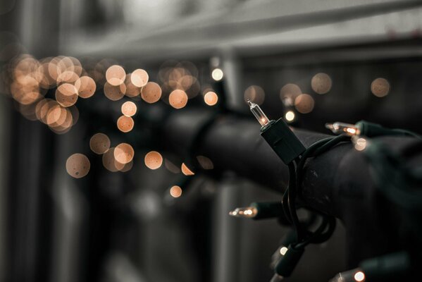 Garland with orange lights on the black tube
