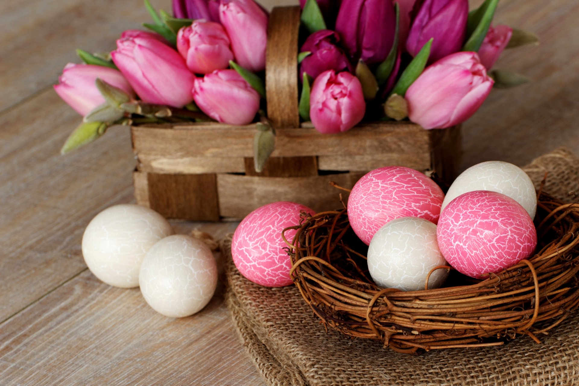 pascua nido huevos pascua rosa blanco flores cesta tulipanes vacaciones primavera