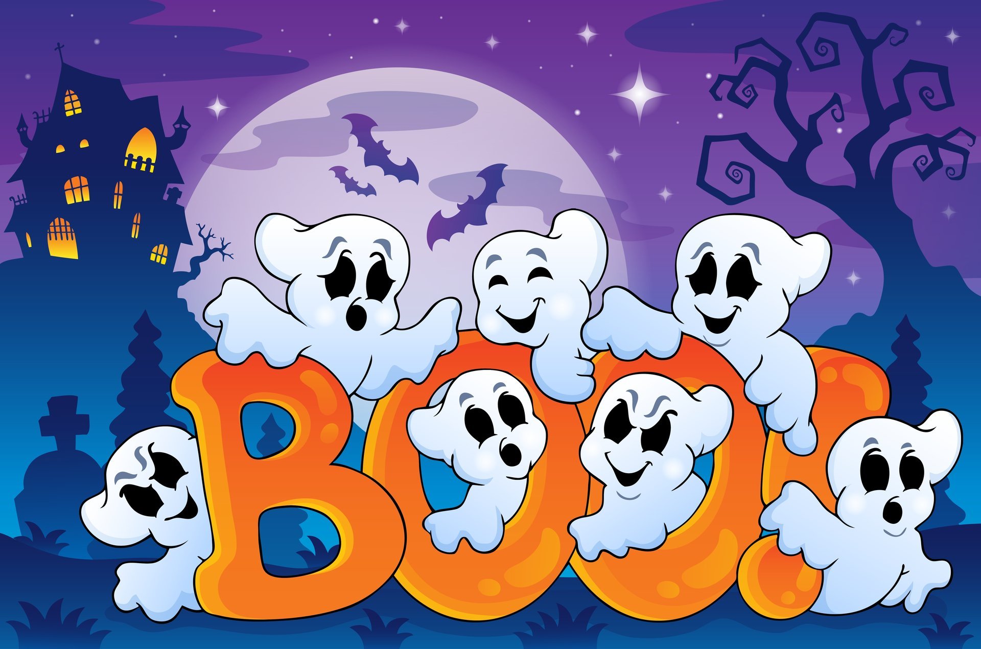 halloween fantômes drôles maison fantasmagorique chauves-souris boo art vectoriel pleine lune maison fantasmagorique boo graphisme vectoriel