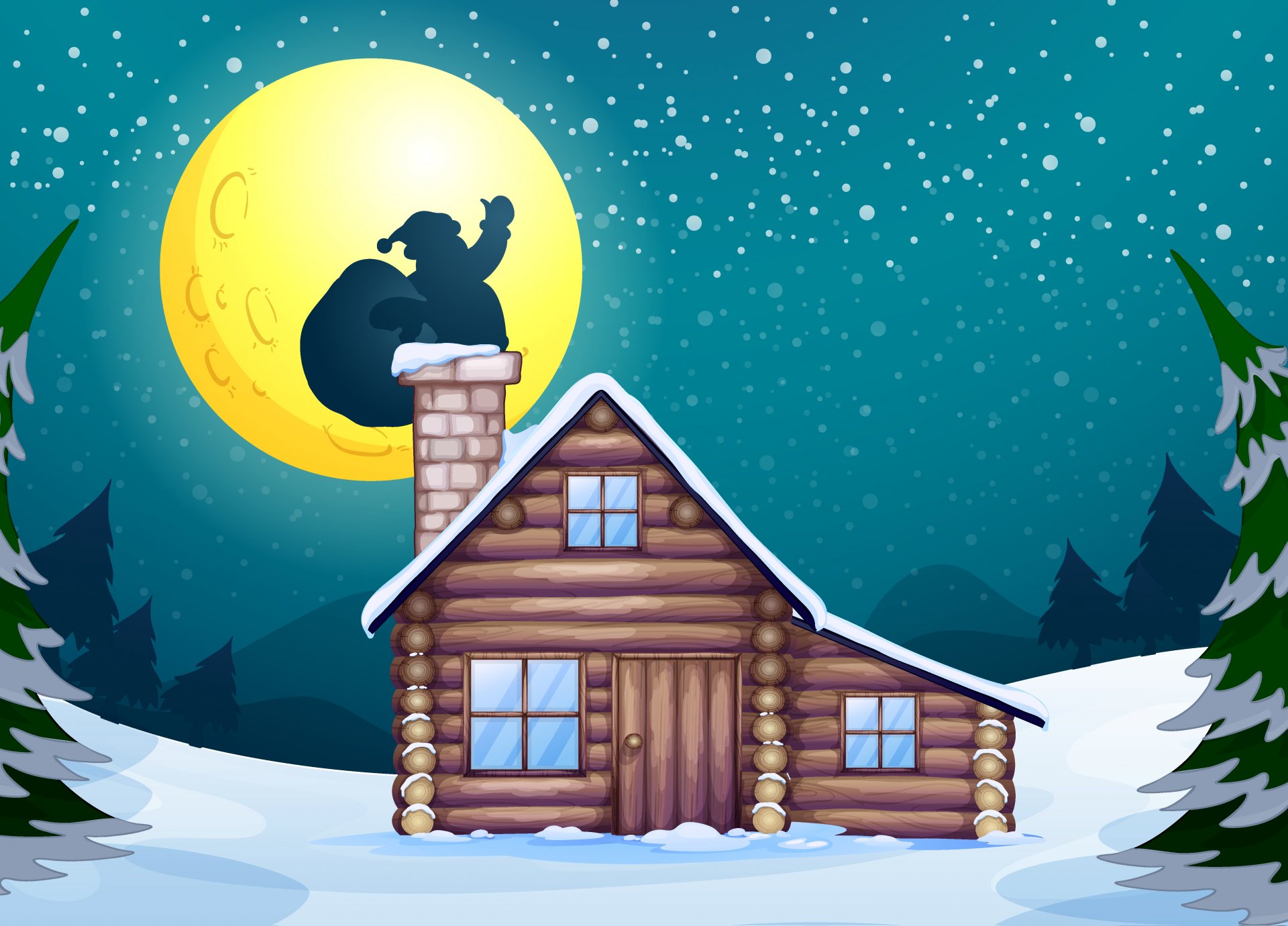 weihnachtsmann kamin weihnachten baum neujahr mond schnee haus vektor weihnachtsmann grafik