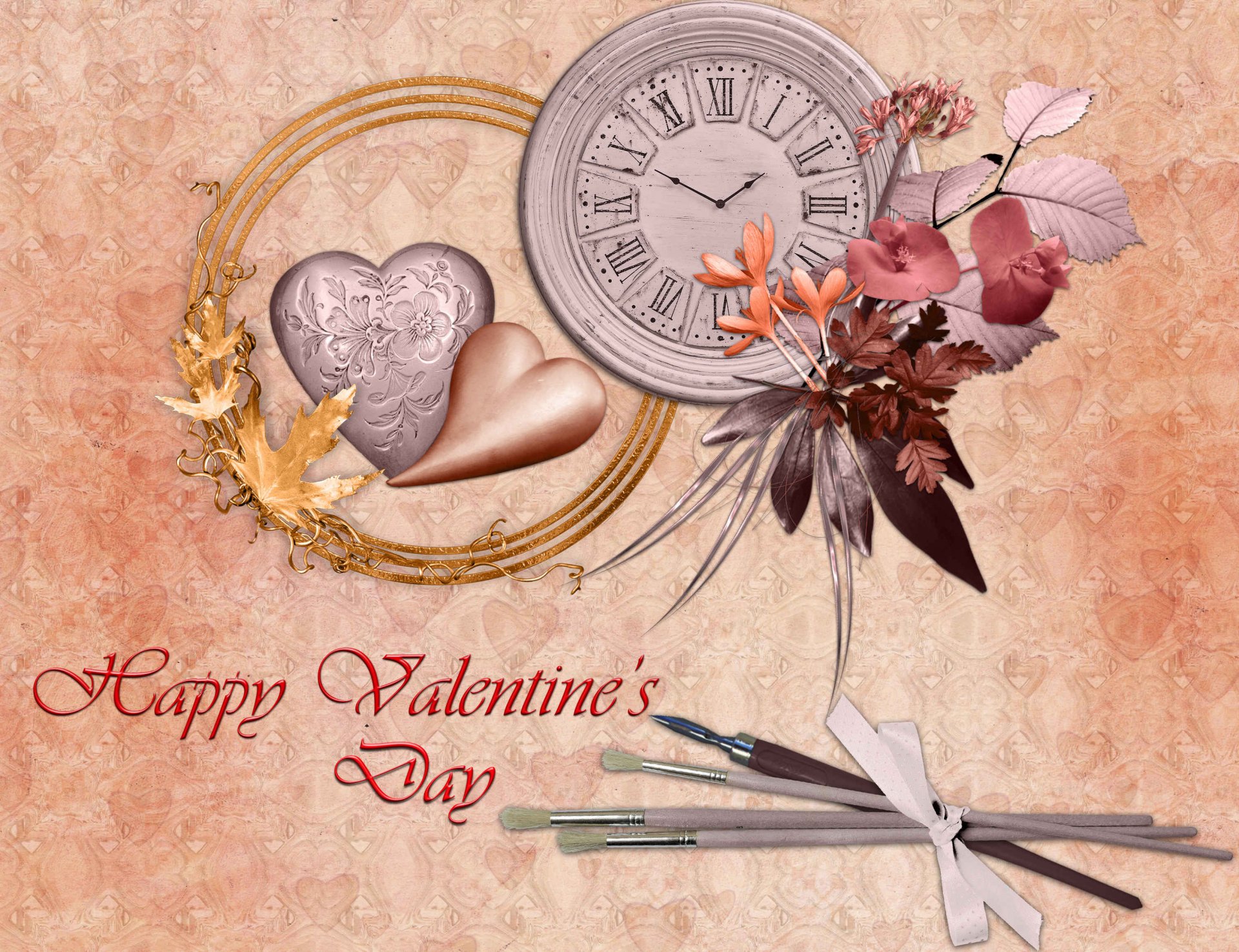 amore san valentino amanti cuore orologio fiori cartolina volume foglie