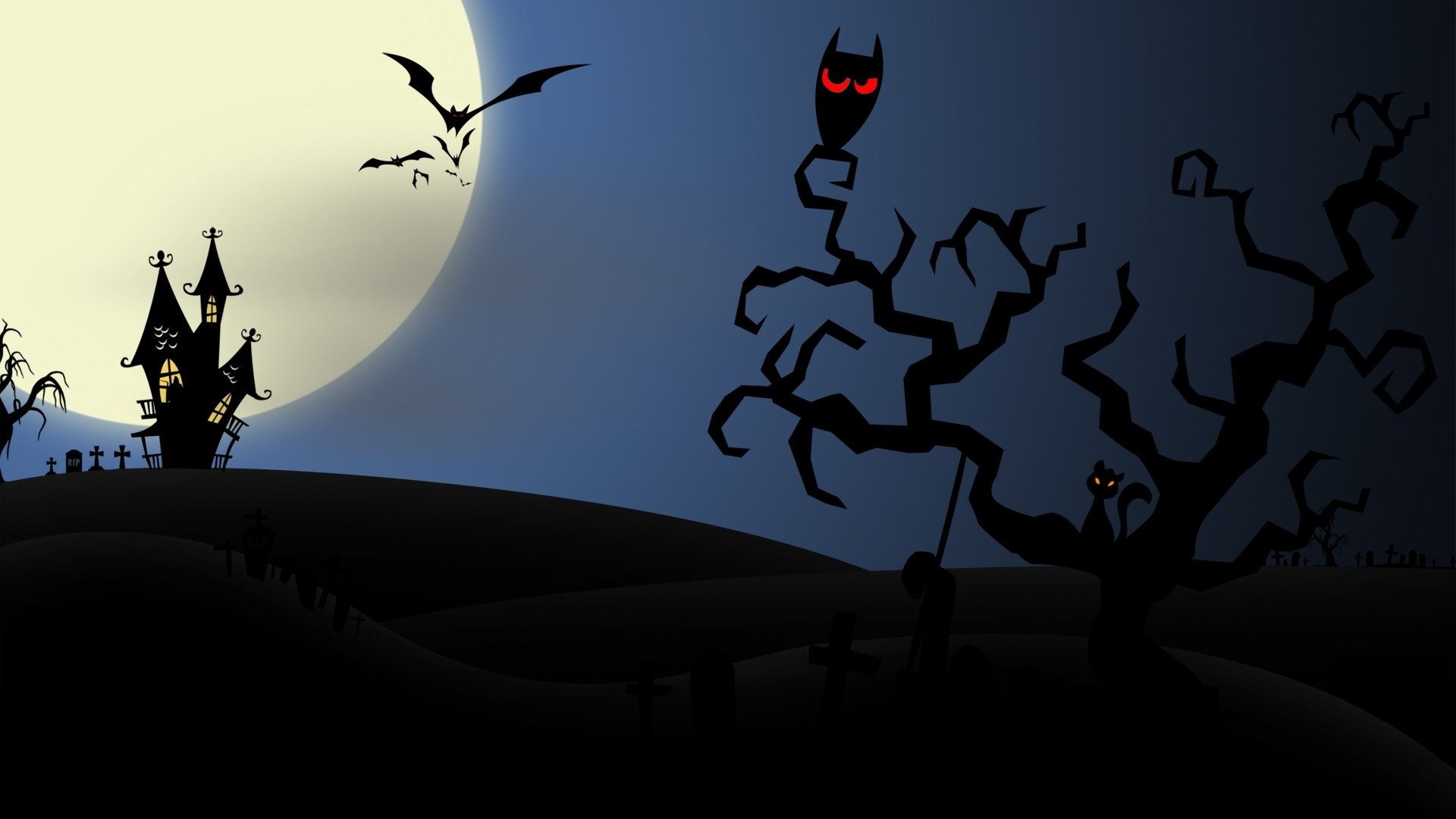 halloween espeluznante miedo horror murciélagos casa búho luna llena medianoche arte vectorial gato malvado casa gráficos vectoriales gato malvado