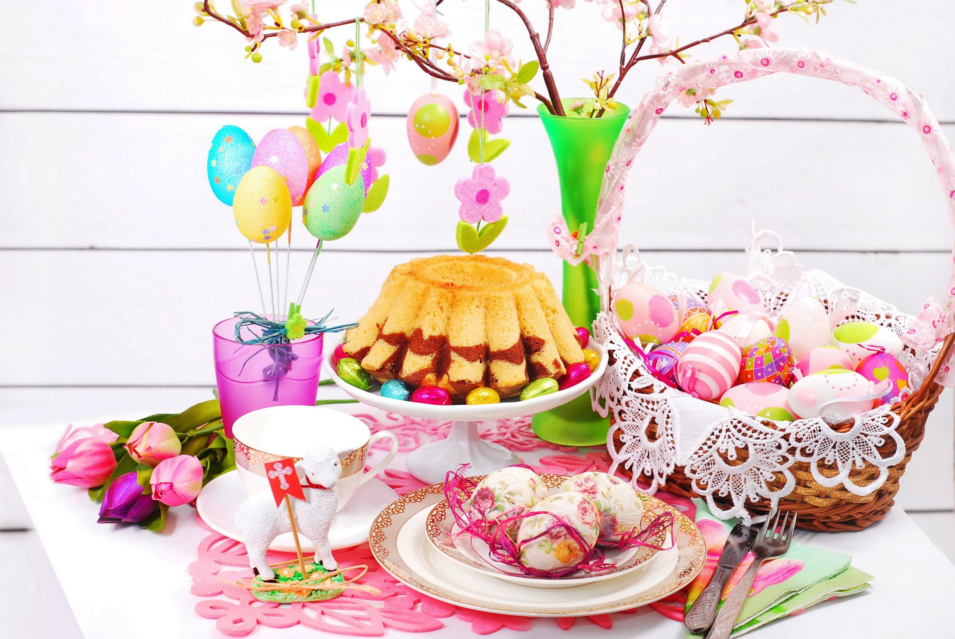 easter spring flowers eggs spring cake cup basket tulip