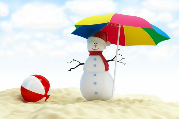 Bonhomme de neige avec parapluie sur la plage de sable