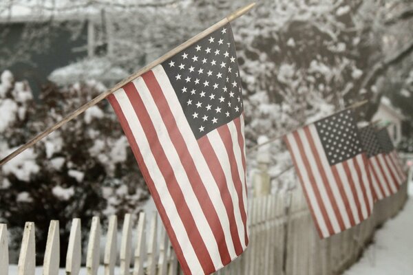 Flags sticking out of the winter fence