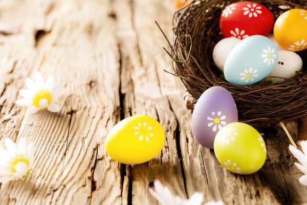 Flowers on colorful Easter eggs