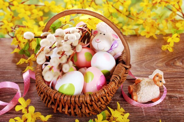 Oeufs de Pâques se trouvent dans un panier en osier