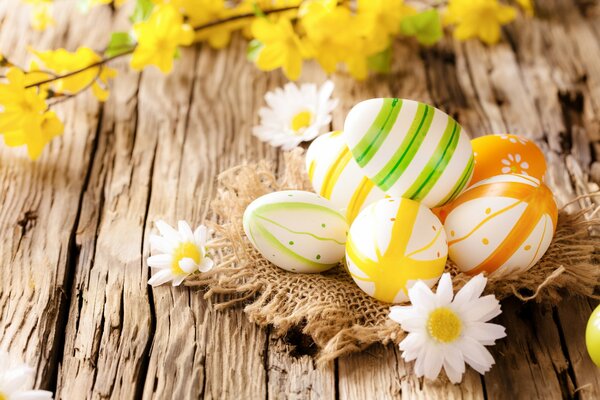 Oeufs de Pâques avec des marguerites sur fond en bois