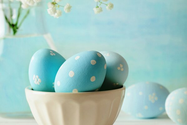 Blue Easter eggs with white polka dots