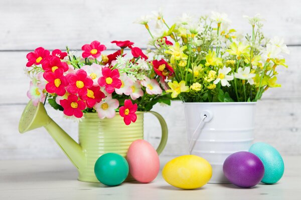 A composition of flowers and eggs for Easter