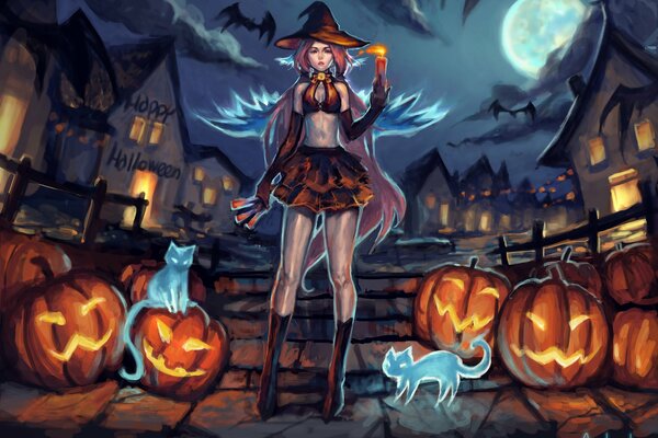 Ilustracja Halloween. Dziewczyna z dyniami i kotami