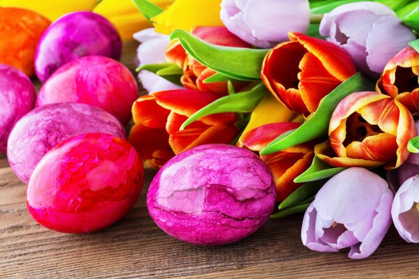 Easter eggs on a background of flowers